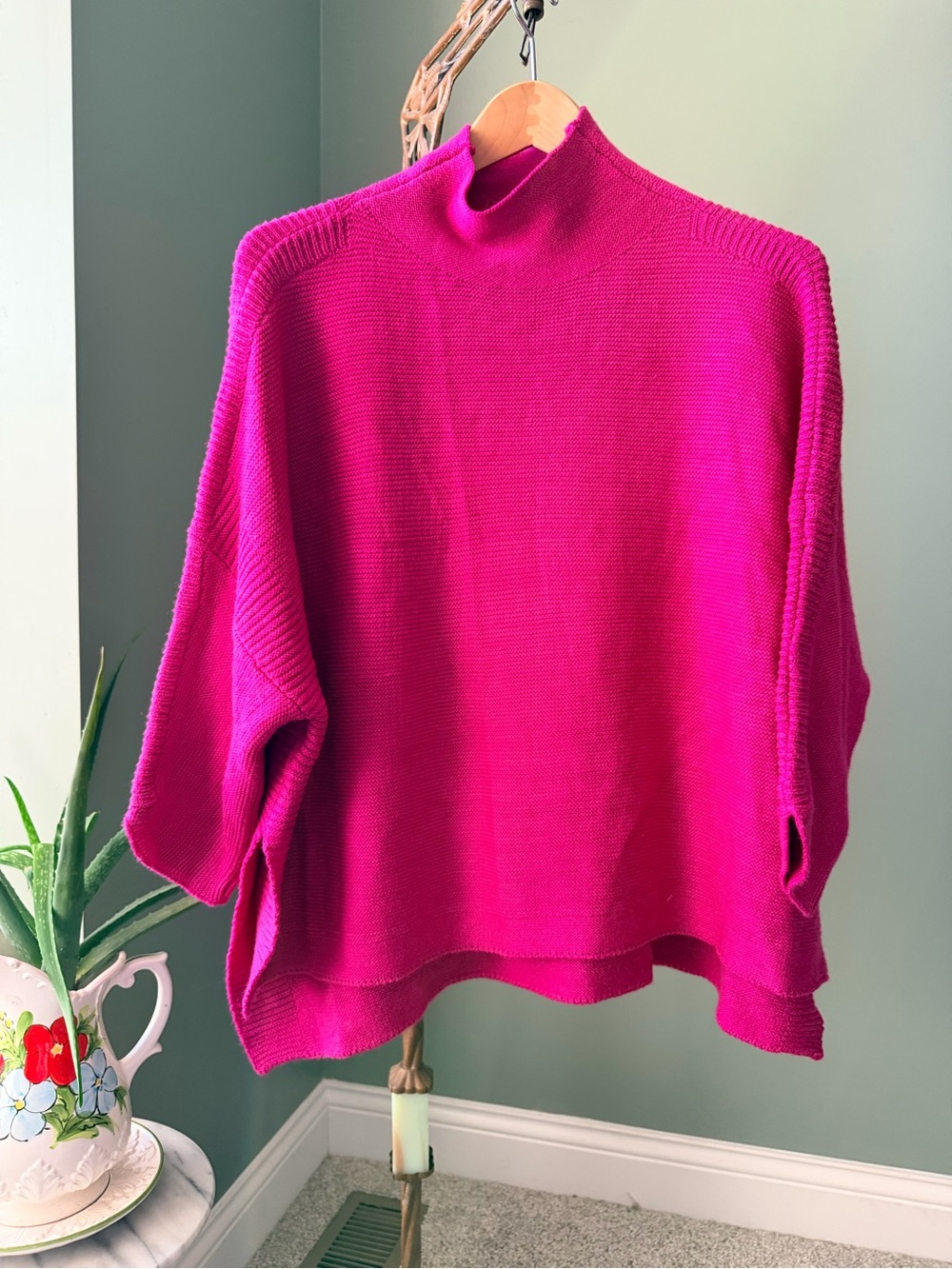 Kerisma Oversized Poncho Sweater Magenta Pink Mock Neck Dolman Sleeve
